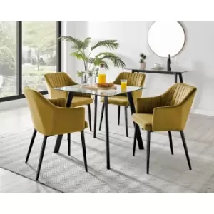 Image of Furniturebox Seattle Glass and Black Metal Leg Square Dining Modern Industrial Dining Table & 4 Mustard Calla Black Leg Velvet Chairs