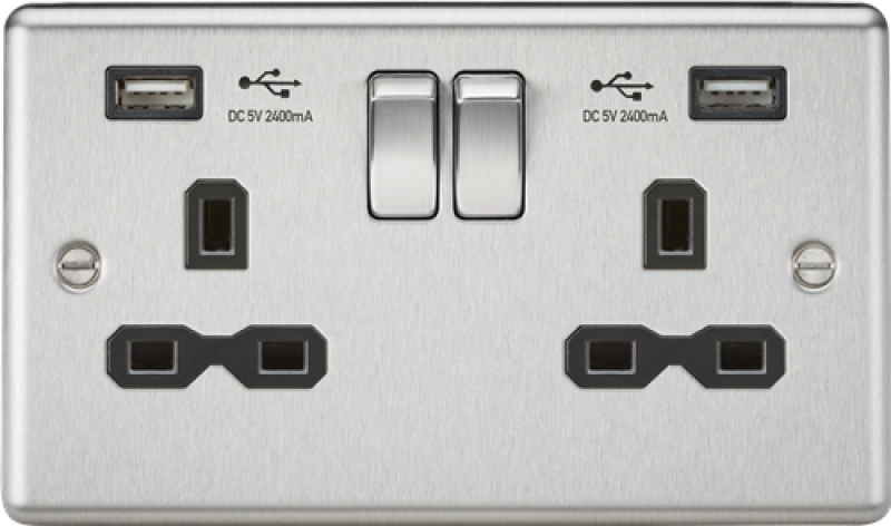 Image of KnightsBridge 13A 2G Curved Edge switched socket with dual USB charger A + A (2.4A) - Brushed chrome, Black insert CL9224BC