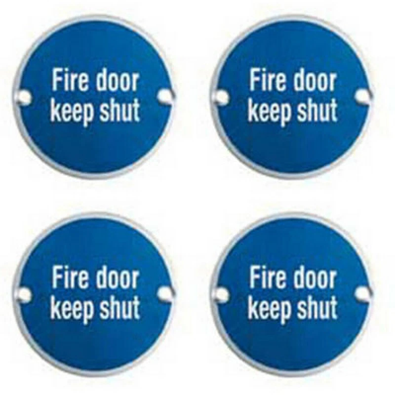 Image of Loops 4x Fire Door Keep Shut Sign 64mm Fixing Centres 76mm Dia Satin Steel Metallics