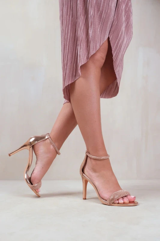 Image of Where's That From Womens 'France' Wide Fit High Heel Sandals With Diamante Ankle Strap in Rose Gold Size: 6E Rose Gold Female 6E