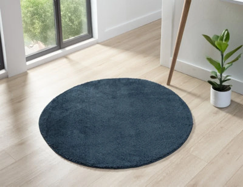 Image of Comfy Washable Low Pile Living Room Area Rug - Anti Slip Felt Backing Navy 100Cm Diameter