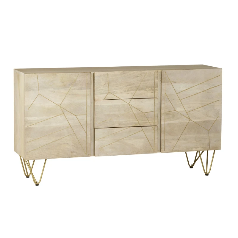 Image of Indian Hub Light Gold Extra Large Sideboard 3 Drawers And 2 Doors
