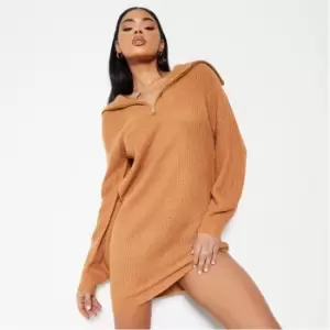 Image of I Saw It First Zip Collar Knit Mini Dress - Brown