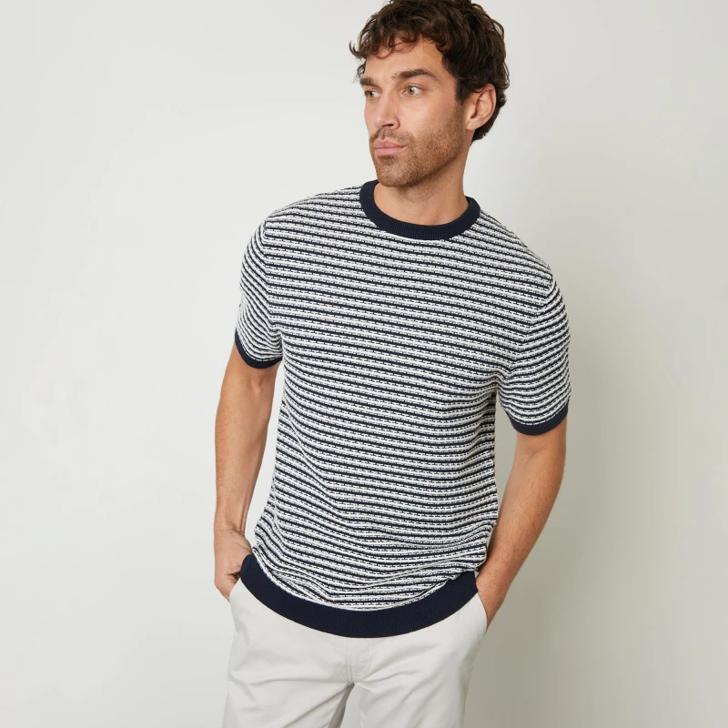 Image of Threadbare Stripe Textured Knitted T-Shirt Navy