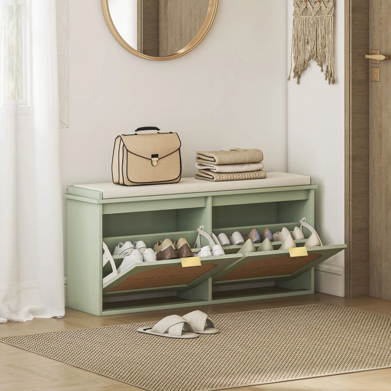 Image of HOMCOM Boho Shoe Bench with Padded Seat and 2 Flip-Drawers, Light Green 837-600V71GN