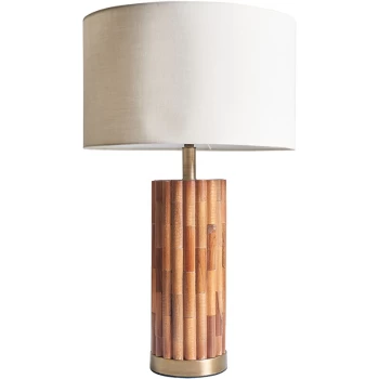 Image of Wooden Cylinder Table Lamp with Fabric Drum Lampshade - Beige