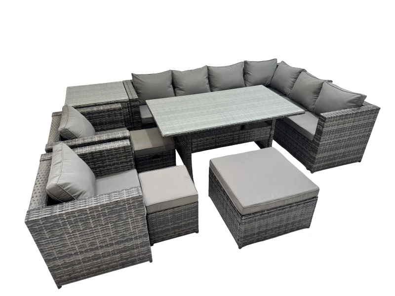 Image of Fimous Rattan Garden Furniture Set Outdoor 11 Seater Patio Corner Sofa Sets With Table 2 Chair 3 Stools Side Table Dark Grey Mixed