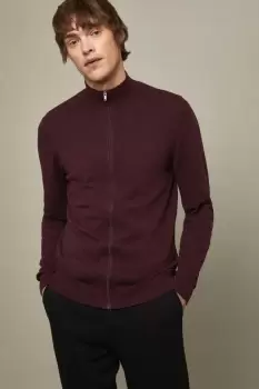 Image of Cotton Rich Burgundy Knitted Zip Through Jumper