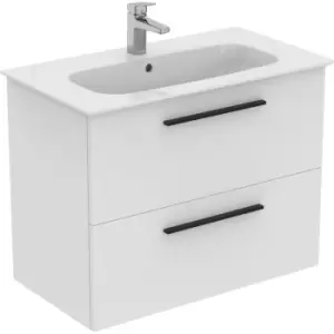 Image of Ideal Standard i. life A Double Drawer Wall Hung Unit with Basin Matt 800mm with Matt Black Handles in White