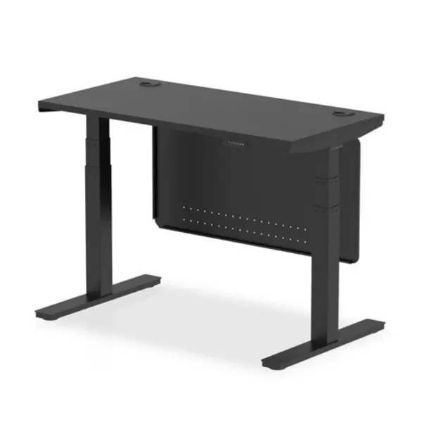 Image of Air Black Series 1200 x 600mm Height Adjustable Desk Black Top with Cable Ports Black Leg With Black Steel Modesty Panel