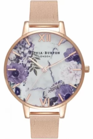 Image of Ladies Olivia Burton Marble Florals Rose Gold Mesh Watch OB16MF06