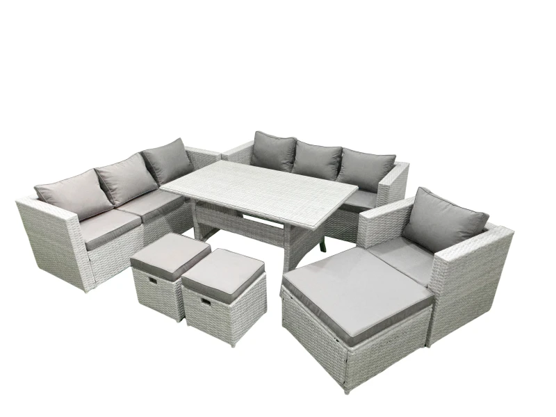 Image of Fimous 7 Pieces Outdoor Rattan Sofa Set with Cushions Patio Garden Furniture Sets with Armchair Dining Table 3 Footstools Light Grey