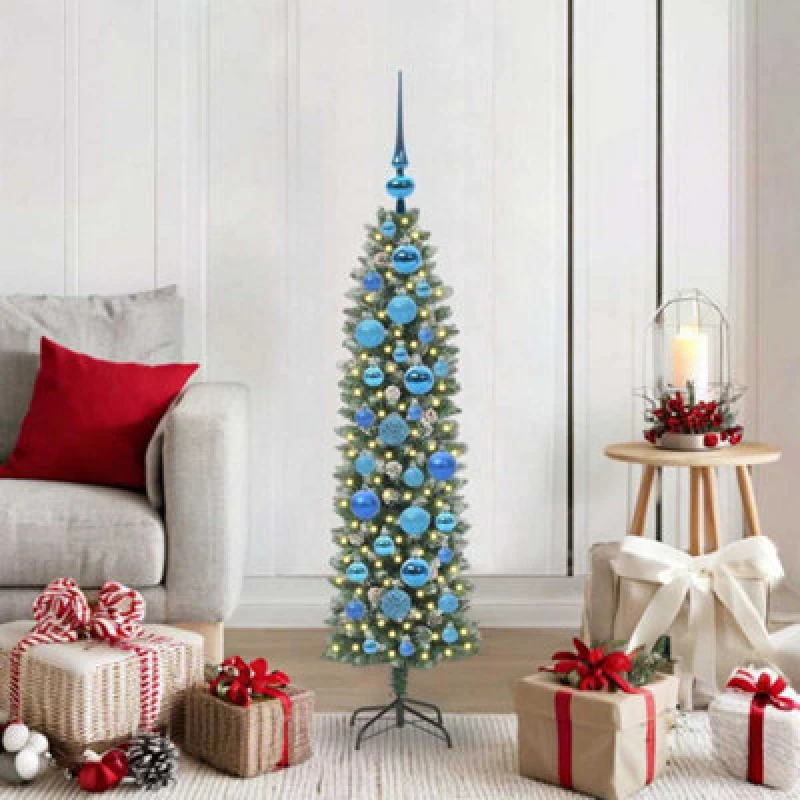 Image of vidaXL Artificial Slim Christmas Tree with Blue Balls Green and white 120 cm, Green 3395276