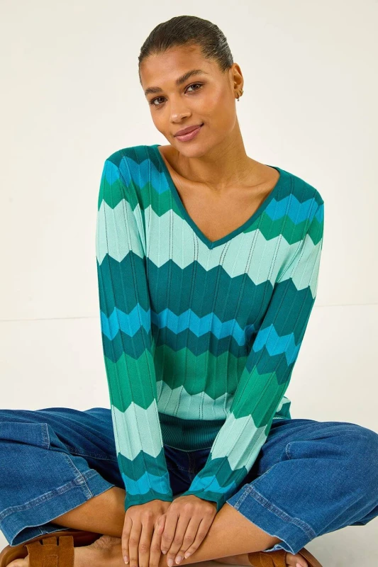 Image of Roman Womens Wave V-Neck Knit Jumper in Blue Size: 18 Blue Female 18