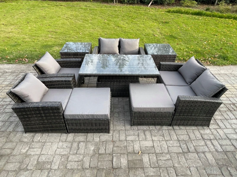 Image of Fimous Outdoor Garden Furniture Sets 9 Pieces Wicker Rattan Furniture Sofa Dining Table Set with 2 Big Footstool 2 Side Tables in Dark Grey Dark Grey
