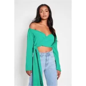 Image of I Saw It First Emerald Green Woven Wide Sleeve Tie Front Blouse - Green
