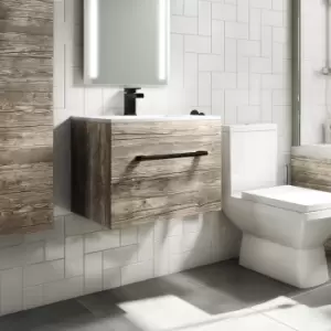 Image of 600mm Wood Effect Wall Hung Vanity Unit with Basin and Black Handle - Ashford