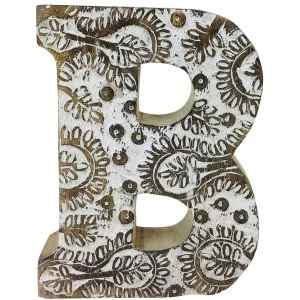 Image of Letter B Hand Carved Wooden White Flower