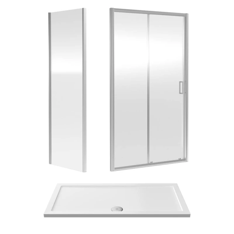 Image of Balterley 6mm Glass Sliding Shower Door, Side Panel Tray 1400x700x1900mm Chrome White