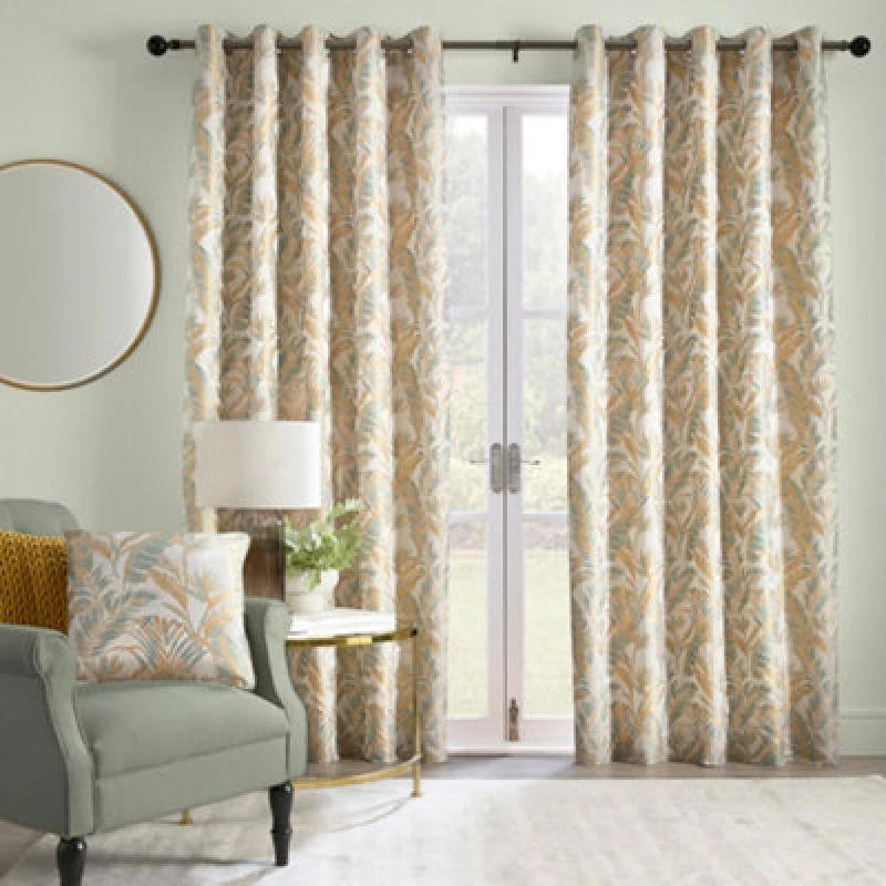 Image of Laurence Llewelyn-Bowen Laurence Llewelyn-Bowen 'Paradise Palm' Jacquard Palm Leaf Pair of Eyelet Curtains in Duck Egg Blue Size: 117cm width x 137c