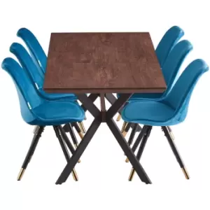 Image of 7 Pieces Life Interiors Sofia Blaze Dining Set - an Extendable Walnut Rectangular Wooden Dining Table and Set of 6 Blue Dining Chairs - Blue