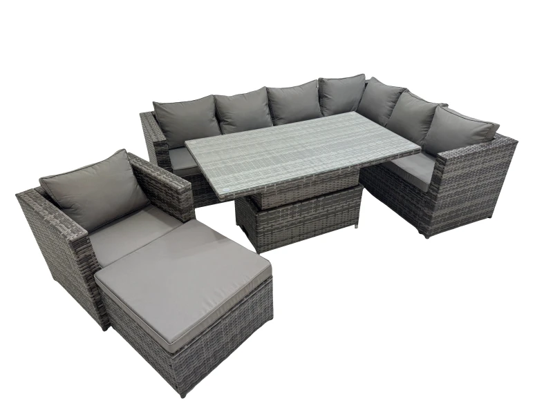 Image of Fimous 8 Seater Rattan Corner Sofa Sets with Chair Big Stools Dark Grey Mixed Dark Grey Unisex