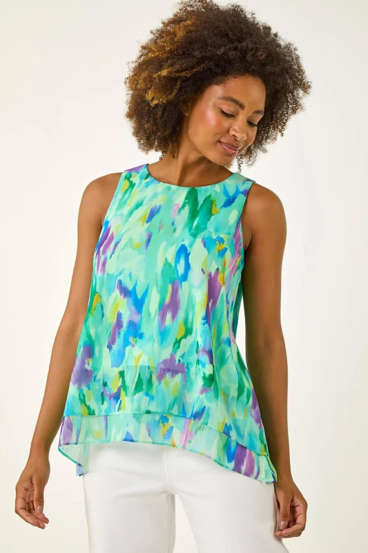 Image of Roman Womens Blurred Double Layered Vest Top in Green Size: 20 Green Female 20