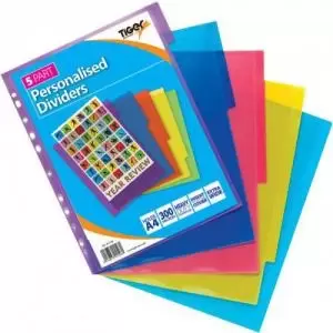 Image of Tiger Personalised 10 Part Polypropylene Dividers A4 Assorted Colours