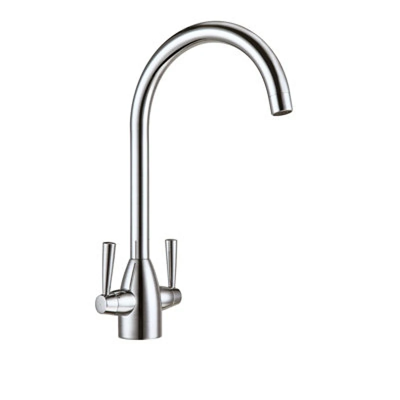 Image of NES HOME Modern Brushed Nickel Kitchen Sink Basin Twin Lever Mono Mixer Tap With 360 Swivel Spout 1212-1