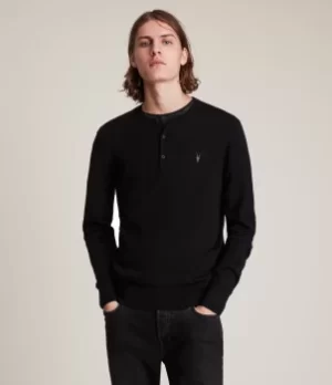 Image of AllSaints Mens Mode Merino Henley, Black, Size: M