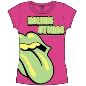 Image of Rolling Stones Green Tongue Hot Pink Ladies T Shirt: Larg