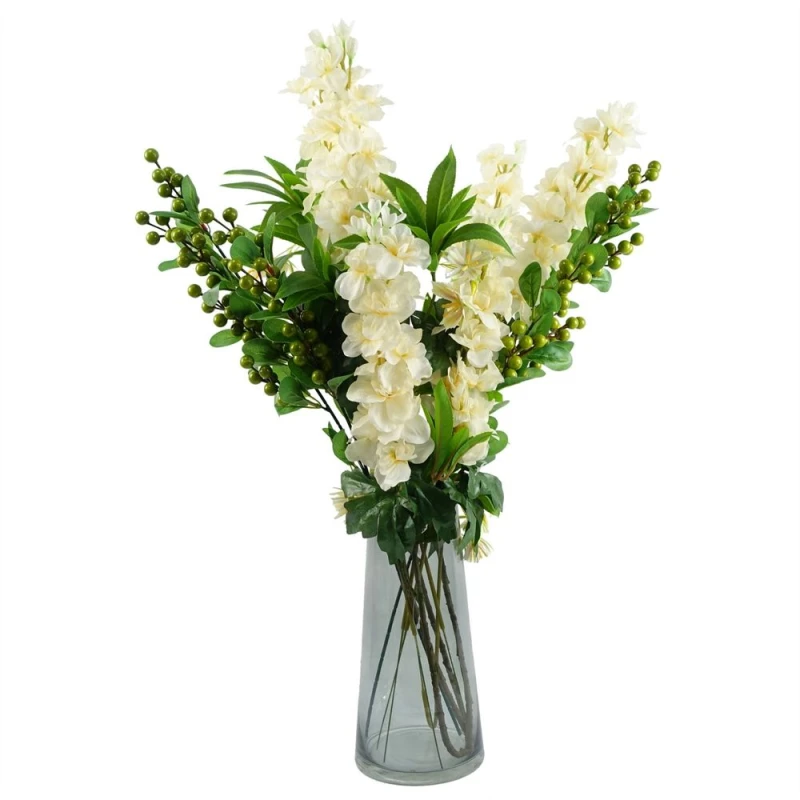 Image of Leaf 60cm Artificial Berry Delphinium Cream Flower Mix Glass Vase