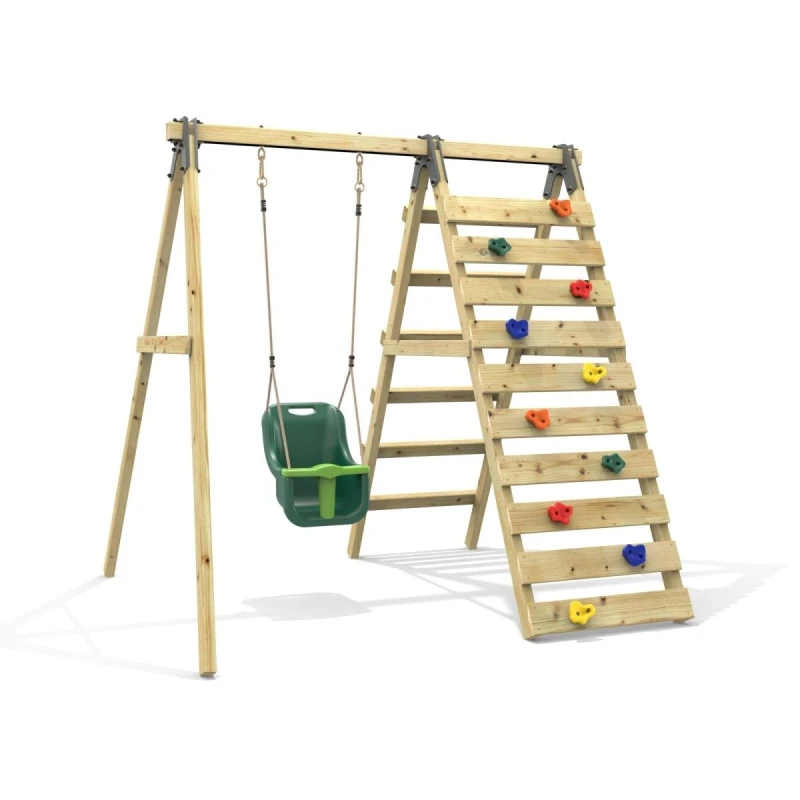 Image of OutdoorToys Glide Wooden Single Swing Set with Climbing Wall & Swing Seat for Kids - Lavender (Dark Green Baby Swing) Green Unisex