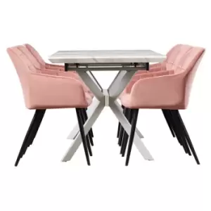 Image of 7 Pieces Life Interiors Camden Duke Dining Set - a White Rectangular Dining Table and Set of 6 Pink Dining Chairs - Pink