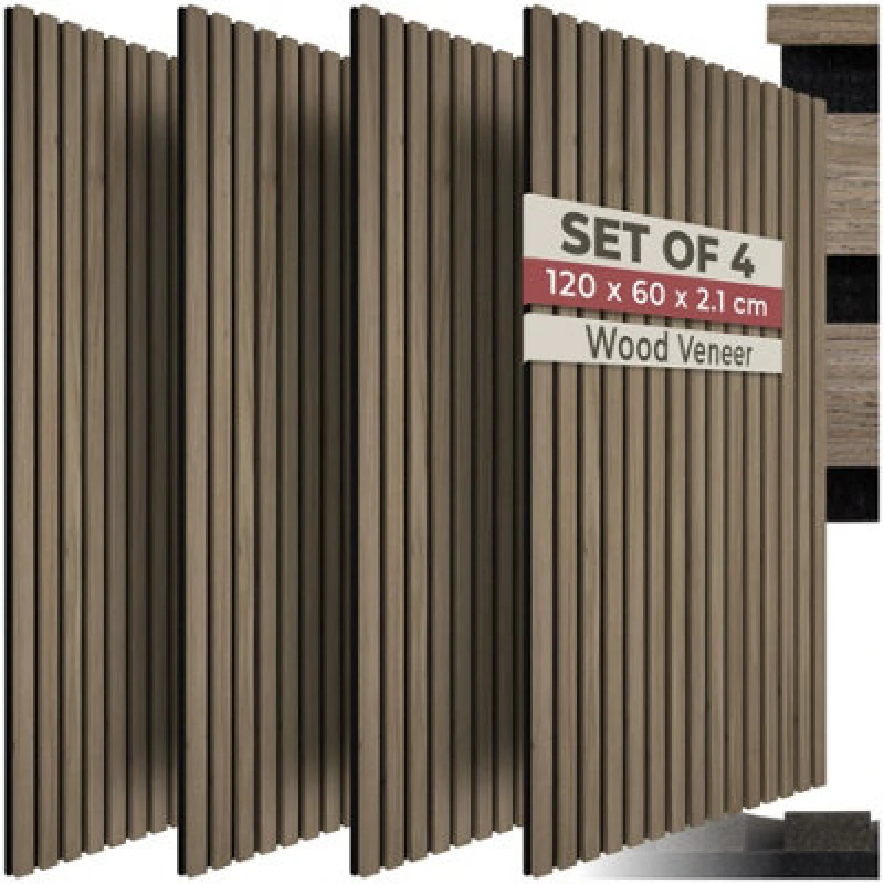 Image of Tectake Acoustic Wall Panels With Wood Veneer Slats, Thick Felt And Easy To Install Set Of 4 - Dark Oak