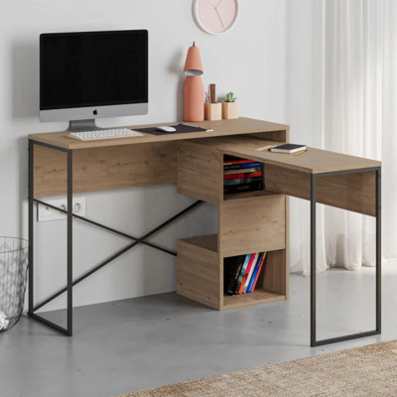 Image of Decortie Modern Badau L-Shaped Computer Desk Natural Oak Black Metal Legs 3 Adjustable Storage Shelf Extra Table 110Cm(W) Office