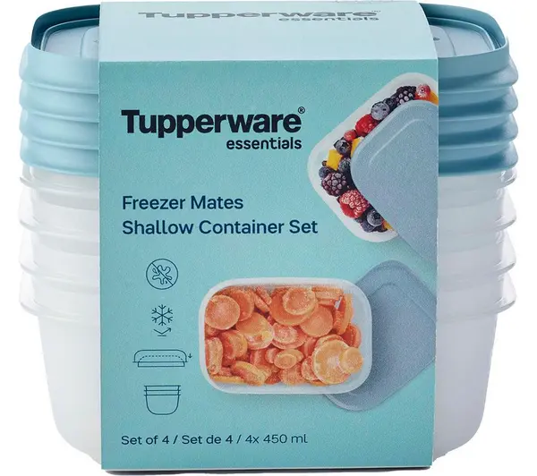 Image of Currys Home & Garden > Kitchen & Dining > Food Storage TUPPERWARE Freezer Mates 4 Piece Shallow Container Set - Frosted with Blue Lid 10259233