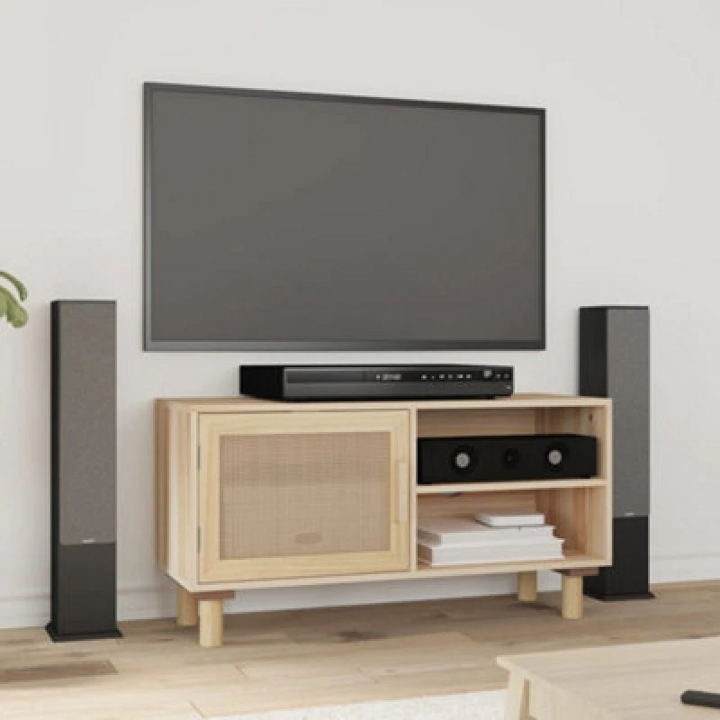 Image of Vidaxl TV Cabinet Brown 80X30X40 Cm Solid Wood Pine And Natural Rattan