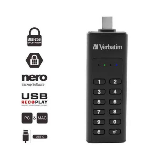 Image of Verbatim Verbatim Keypad Secure - USB-C Drive with Password Protection and AES-256 HW encryption to protect your data - 32GB - Black 49430