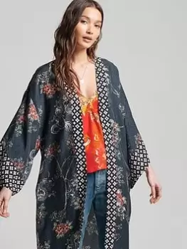 Image of Superdry Vintage Midi Kimono - Dragon Blossom Navy, Blue, Size L, Women