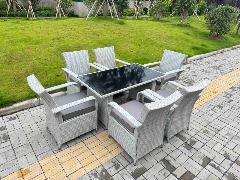 Image of Fimous Rattan Outdoor furniture Set Black Tempered Glass Table & 6 Chairs Set in Light Grey Light Grey Unisex