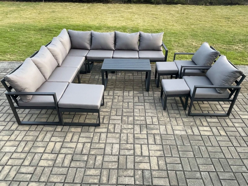Image of Fimous Aluminium Outdoor Garden Furniture Set Lounge Corner Sofa Oblong Coffee Table 2 Pcs Chair Sets with 3 Footstools Dark Grey Dark Grey Unisex
