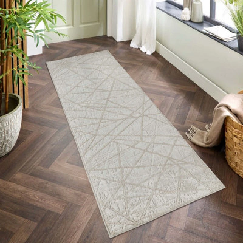 Image of Perla Modern Abstract Linear Living Room Area Rug Metallic Sheen Contemporary Hallway Runner Axis-Beige 60X220 Cm