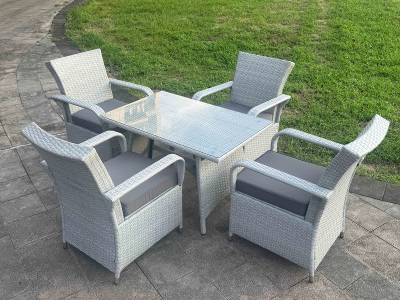Image of Fimous Rattan Outdoor Rectangular Dining Table & 4 Chair Garden furniture Set in Light Grey Light Grey Unisex