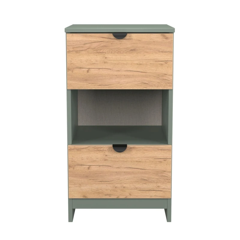 Image of Welcome Furniture Ready Assembled Bora 2 Drawer Open Shelf Bedside Cabinet, Green BOP601GCRG