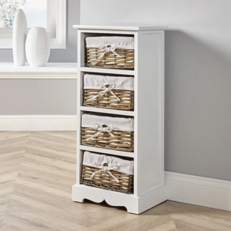 Image of Home Source Lichfield Fully Assembled 4 Wicker Basket Drawer Chest Storage Unit White