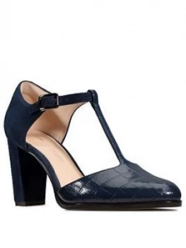 Image of Clarks Kaylin85 T-Bar Leather Heeled Shoe - Navy