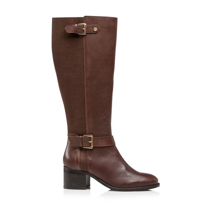 Image of Dune Brown Leather 'Tildas' Mid Block Heel Knee High Boots - 3