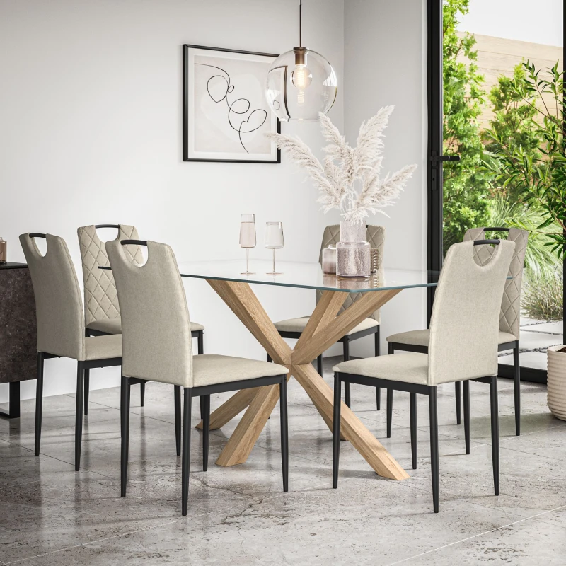 Image of More4Homes Etta Glass Dining Table And Chairs - Glass Top W Solid Oak Legs + Monza Fabric Dining Chair Set Of 6 (Beige)