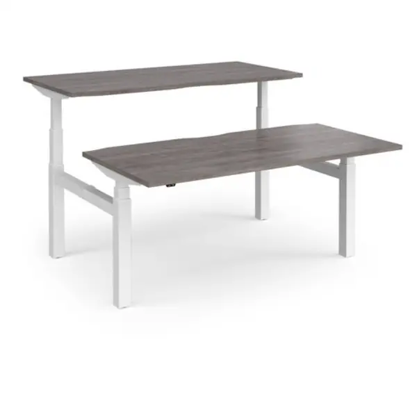 Image of Elev8 Elev8 Touch sit-stand back-to-back desks 1600mm x 1650mm - white frame, grey oak top EVTB-1600-WH-GO